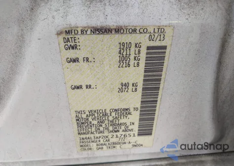 2013 Nissan Altima 2.5 Sl from USA, damaged, VIN 1N4AL3AP2DC217651